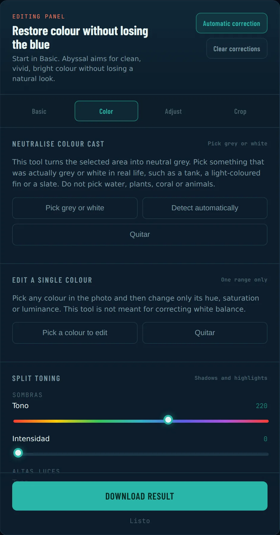 The Colour panel with the selective colour picker