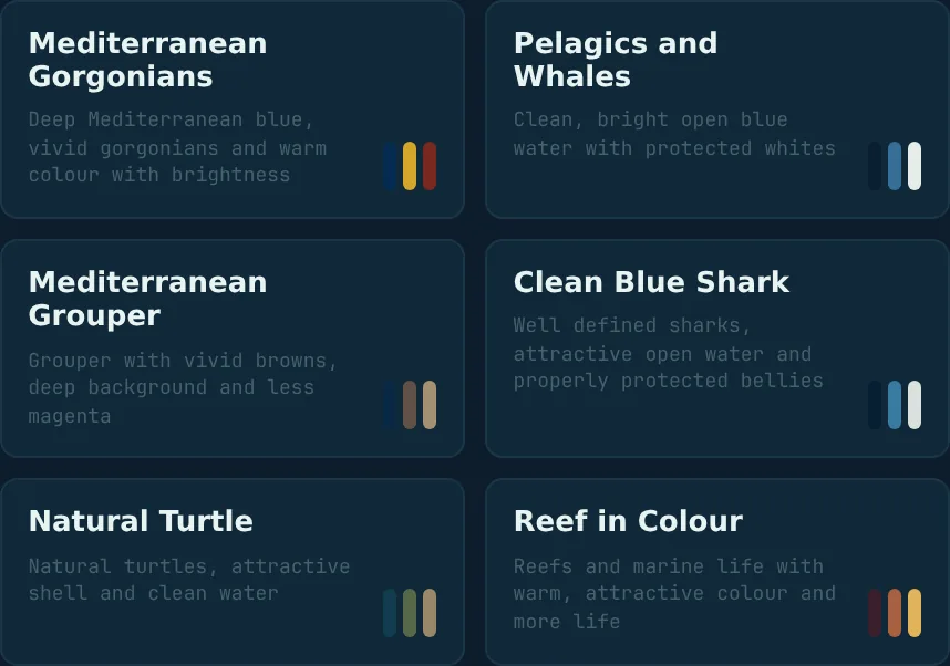 Marine life: gorgonians, pelagics, grouper, shark, turtle and reef