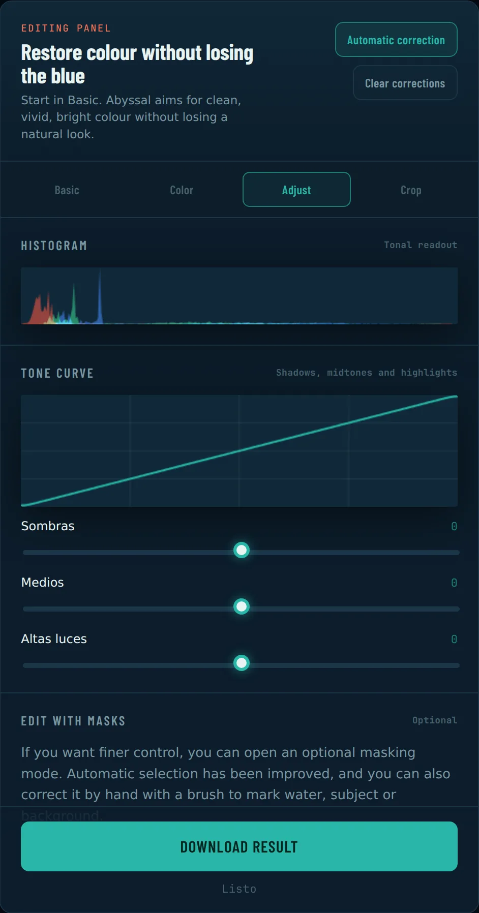 Tone curve, histogram and split toning
