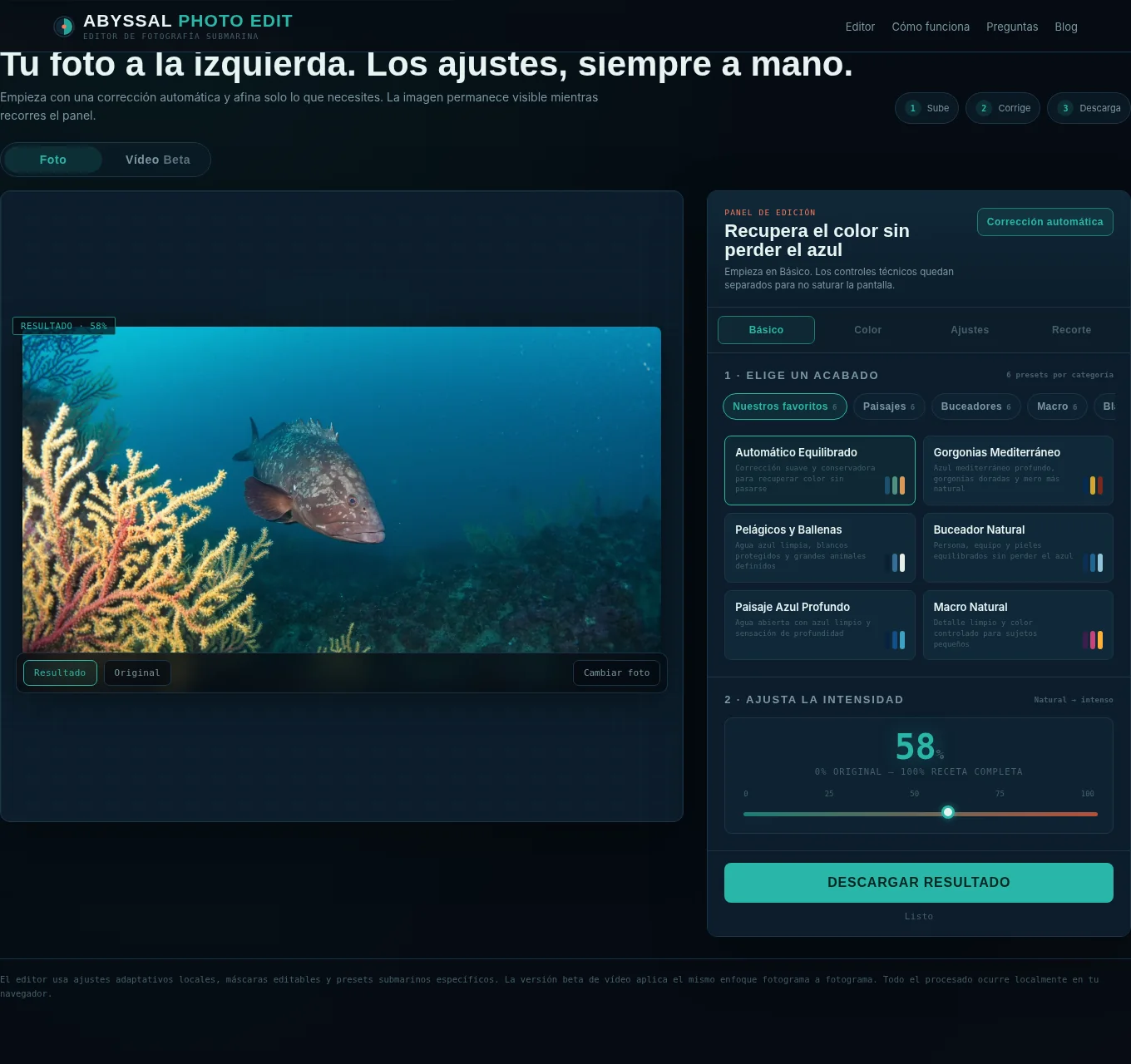 Categorías de presets y seis presets favoritos en Abyssal Photo Edit