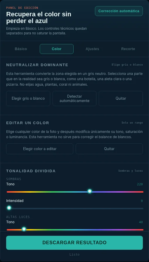 Panel Color con neutralización de dominante, edición de un color y tonalidad dividida