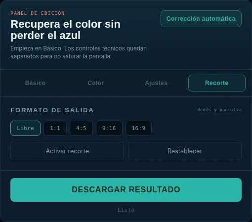 Panel de recorte con formatos Libre, 1 a 1, 4 a 5, 9 a 16 y 16 a 9