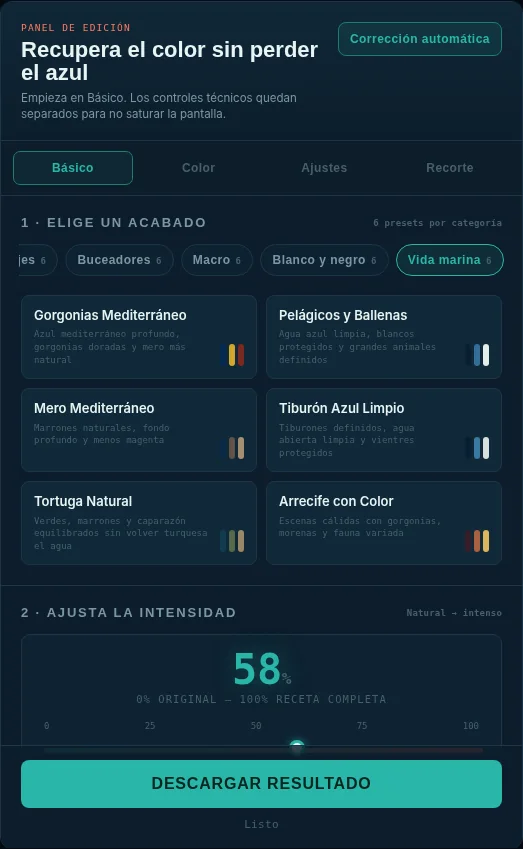 Seis presets de la categoría Vida marina