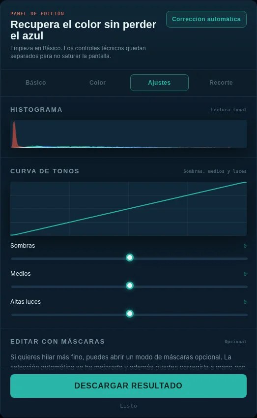 Panel Avanzado con histograma, curva tonal y editor de máscaras